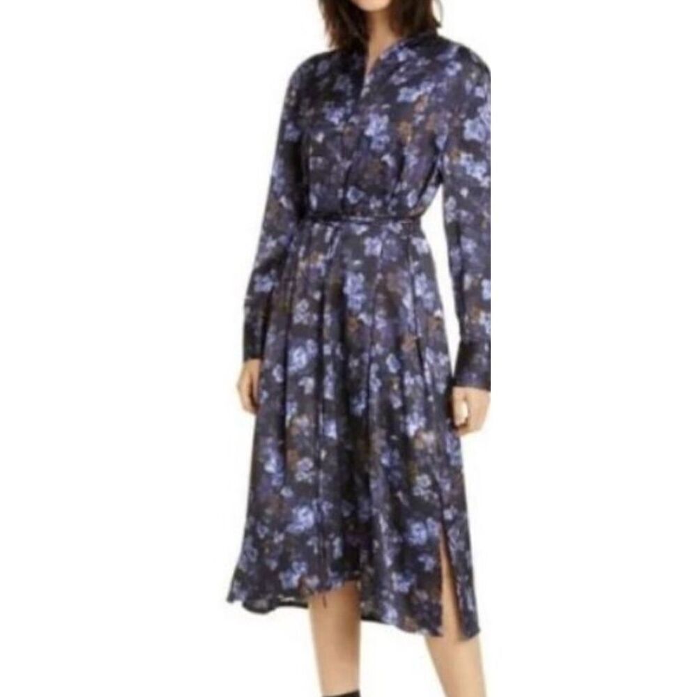 Vince Floral-Print Hammered-Satin Midi Shirt Dress - Indigo NWOT Size Large